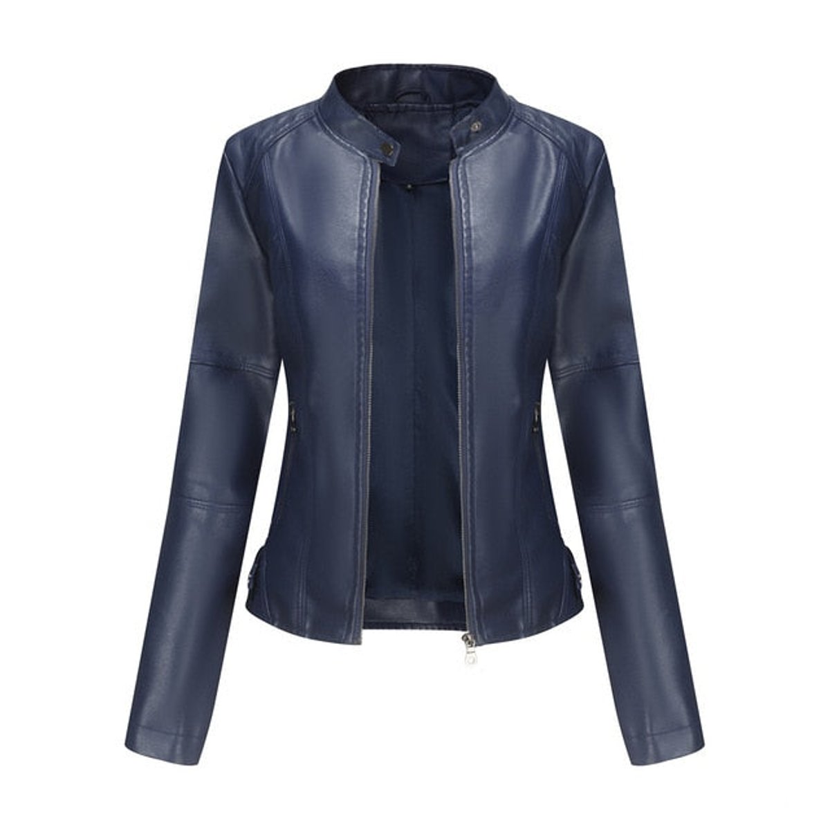 Faux Leather Moto Jacket – Cropped Slim Fit Stand Collar