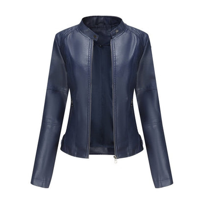 Faux Leather Moto Jacket – Cropped Slim Fit Stand Collar