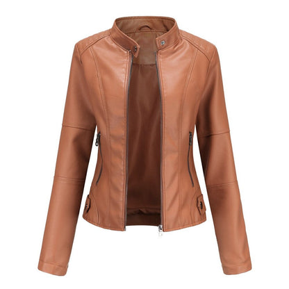 Faux Leather Moto Jacket – Cropped Slim Fit Stand Collar