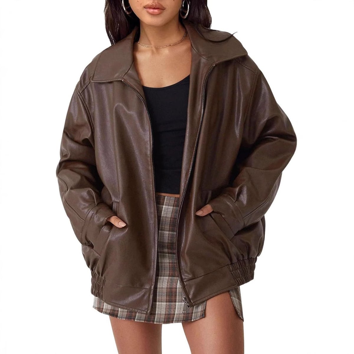 Oversized Faux Leather Bomber Jacket – Women's Zip-Up with Collar