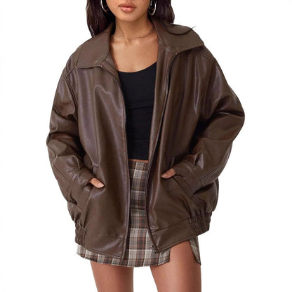 Oversized Faux Leather Bomber Jacket – Women's Zip-Up with Collar