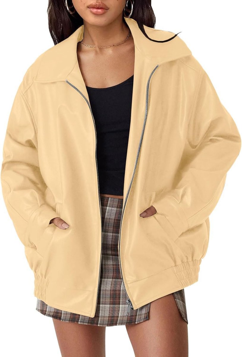 Oversized Faux Leather Bomber Jacket – Women's Zip-Up with Collar