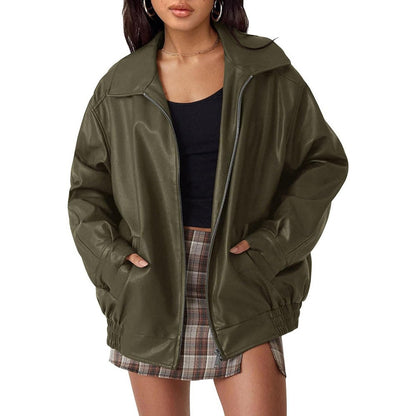 Oversized Faux Leather Bomber Jacket – Women's Zip-Up with Collar