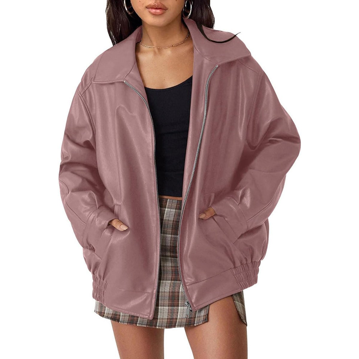 Oversized Faux Leather Bomber Jacket – Women's Zip-Up with Collar