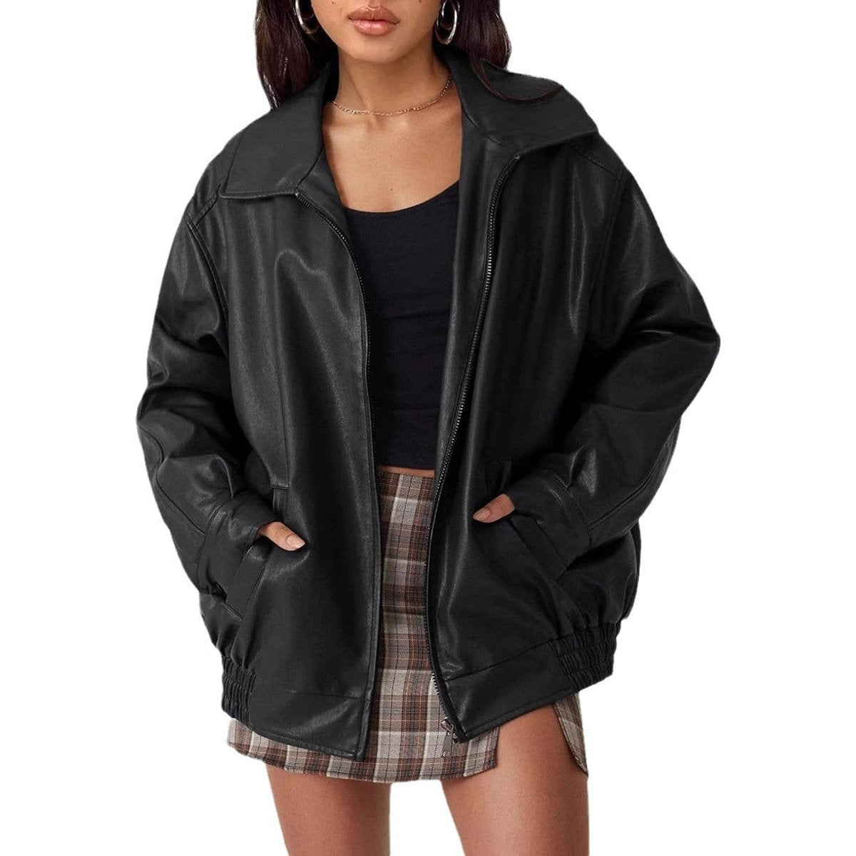 Oversized Faux Leather Bomber Jacket – Women's Zip-Up with Collar