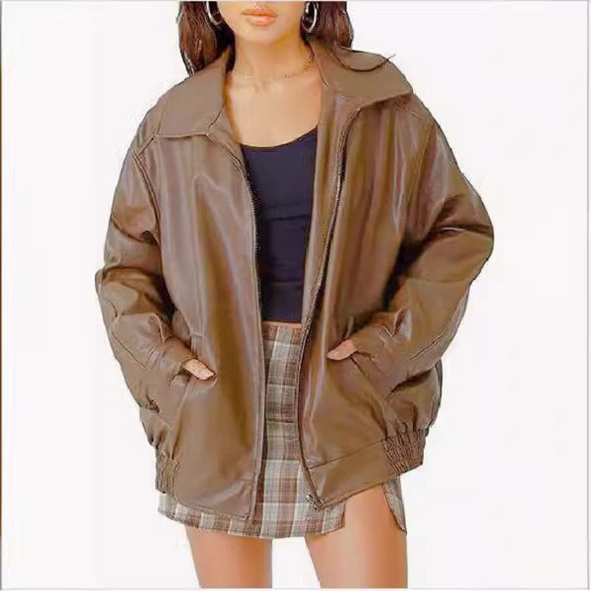 Oversized Faux Leather Bomber Jacket – Women's Zip-Up with Collar