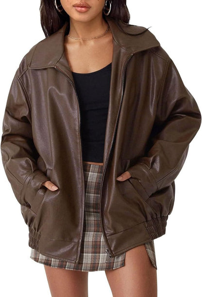 Oversized Faux Leather Bomber Jacket – Women's Zip-Up with Collar