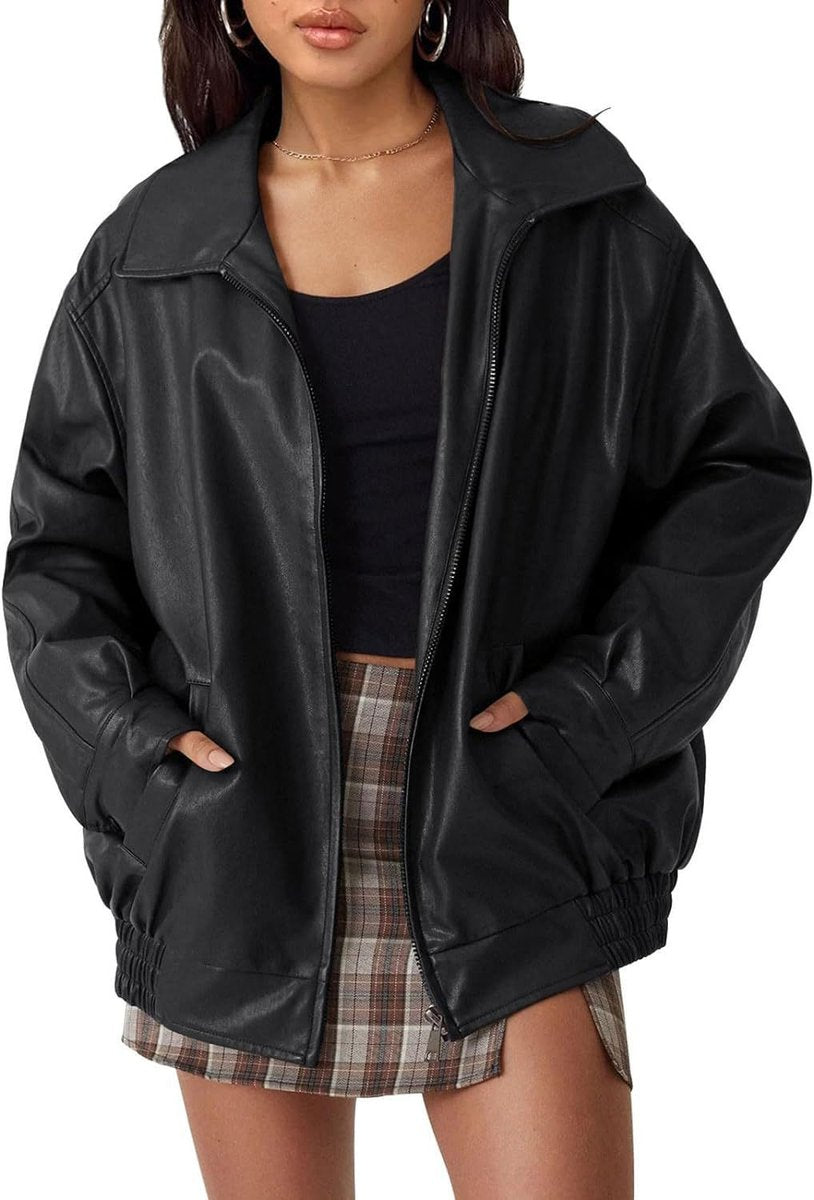 Oversized Faux Leather Bomber Jacket – Women's Zip-Up with Collar