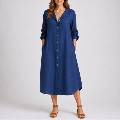 Button-Front Midi Shirt Dress – Long Sleeve Relaxed Fit with Pockets