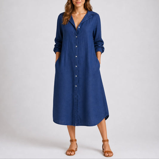 Button-Front Midi Shirt Dress – Long Sleeve Relaxed Fit with Pockets