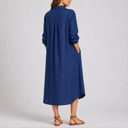 Button-Front Midi Shirt Dress – Long Sleeve Relaxed Fit with Pockets
