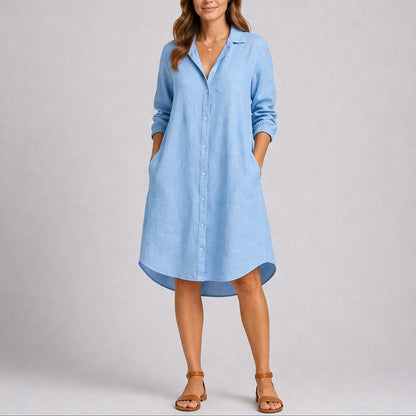 Button-Front Midi Shirt Dress – Long Sleeve Relaxed Fit with Pockets