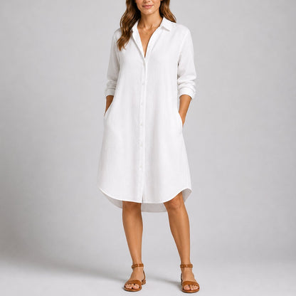 Button-Front Midi Shirt Dress – Long Sleeve Relaxed Fit with Pockets