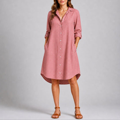 Button-Front Midi Shirt Dress – Long Sleeve Relaxed Fit with Pockets