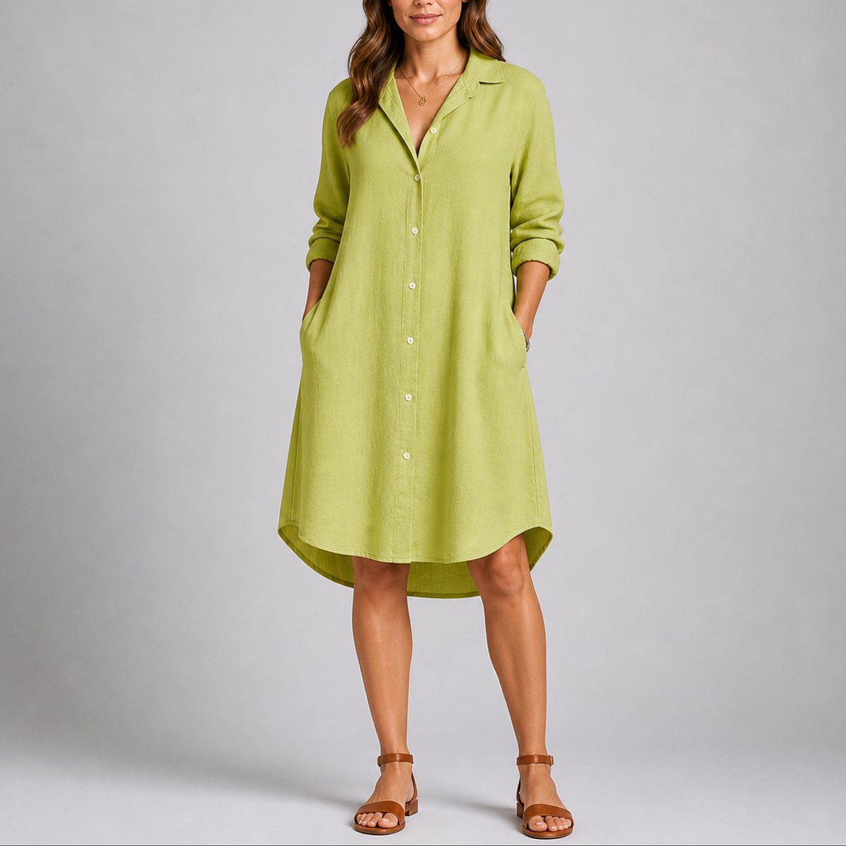 Button-Front Midi Shirt Dress – Long Sleeve Relaxed Fit with Pockets