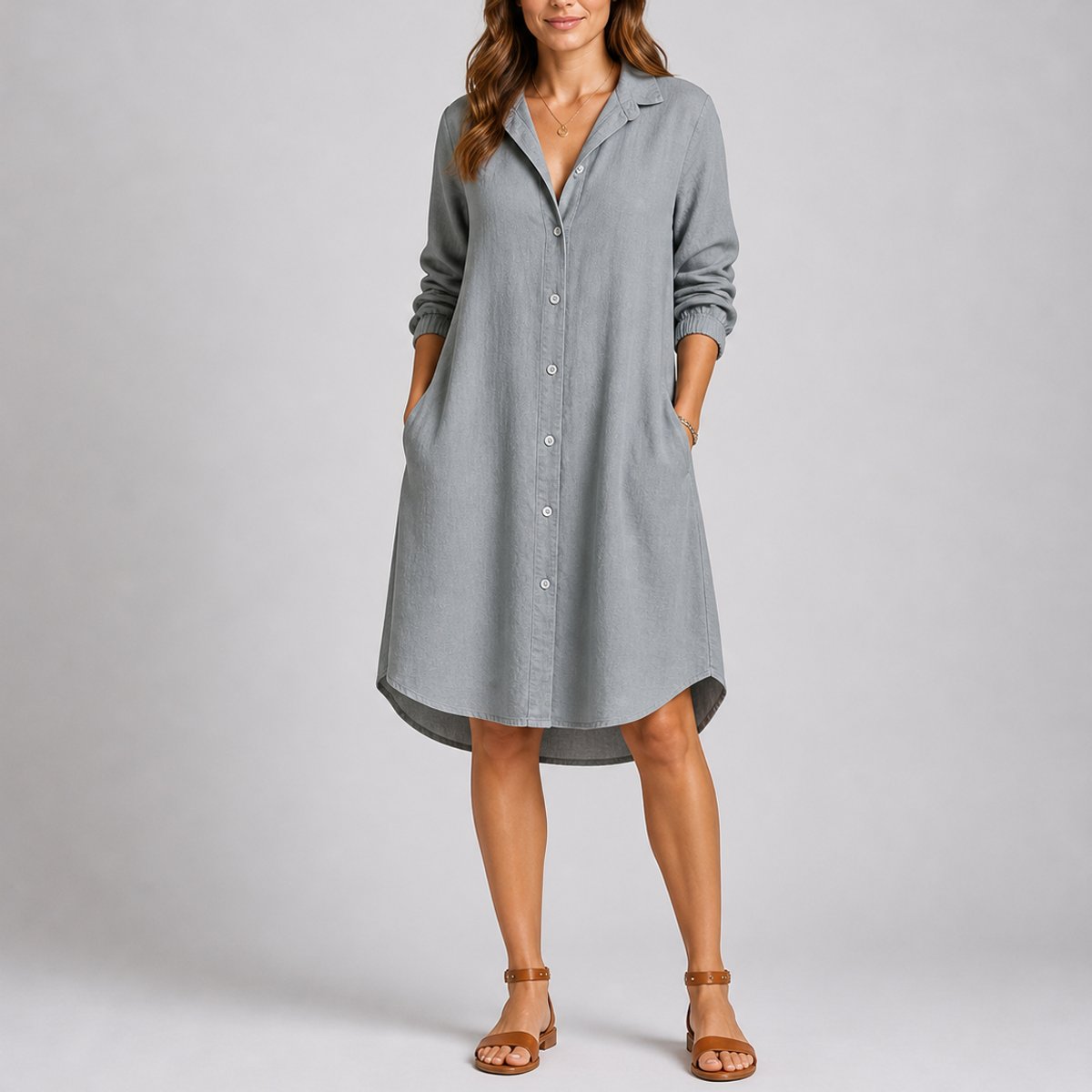 Button-Front Midi Shirt Dress – Long Sleeve Relaxed Fit with Pockets