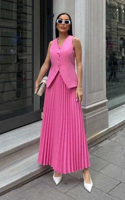 Pleated Maxi Skirt Two-Piece Set – V-Neck Vest Asymmetric Hem
