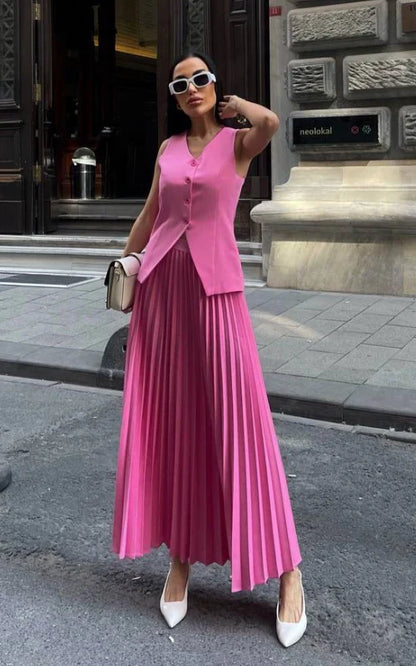 Pleated Maxi Skirt Two-Piece Set – V-Neck Vest Asymmetric Hem