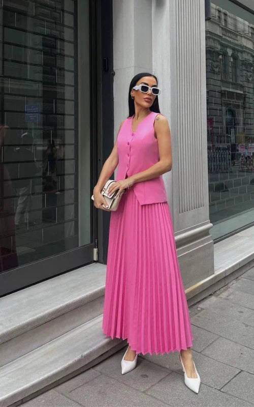Pleated Maxi Skirt Two-Piece Set – V-Neck Vest Asymmetric Hem
