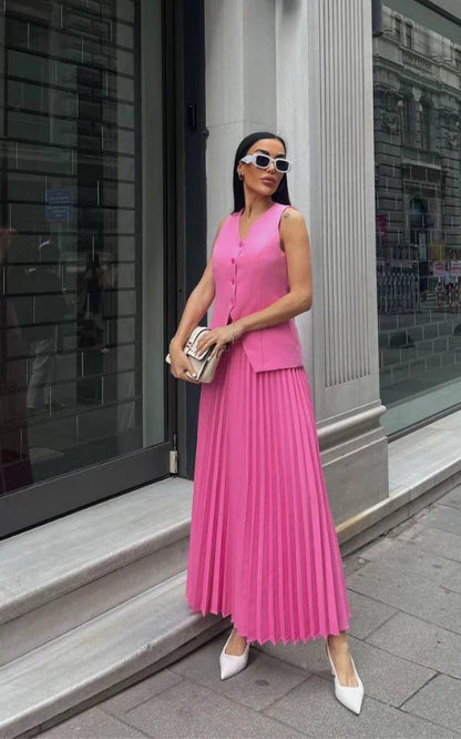 Pleated Maxi Skirt Two-Piece Set – V-Neck Vest Asymmetric Hem