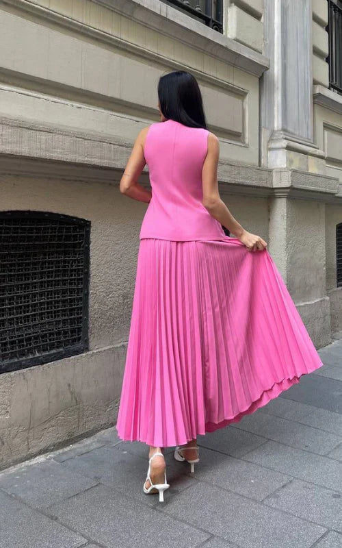 Pleated Maxi Skirt Two-Piece Set – V-Neck Vest Asymmetric Hem