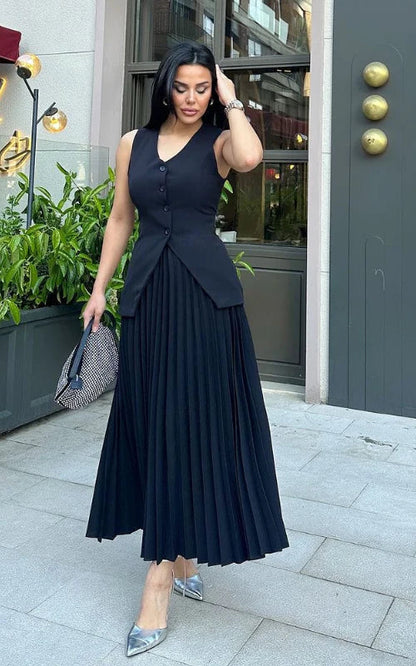 Pleated Maxi Skirt Two-Piece Set – V-Neck Vest Asymmetric Hem