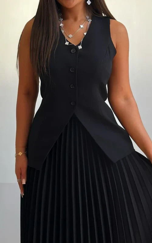Pleated Maxi Skirt Two-Piece Set – V-Neck Vest Asymmetric Hem