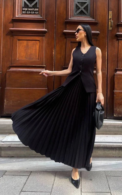 Pleated Maxi Skirt Two-Piece Set – V-Neck Vest Asymmetric Hem