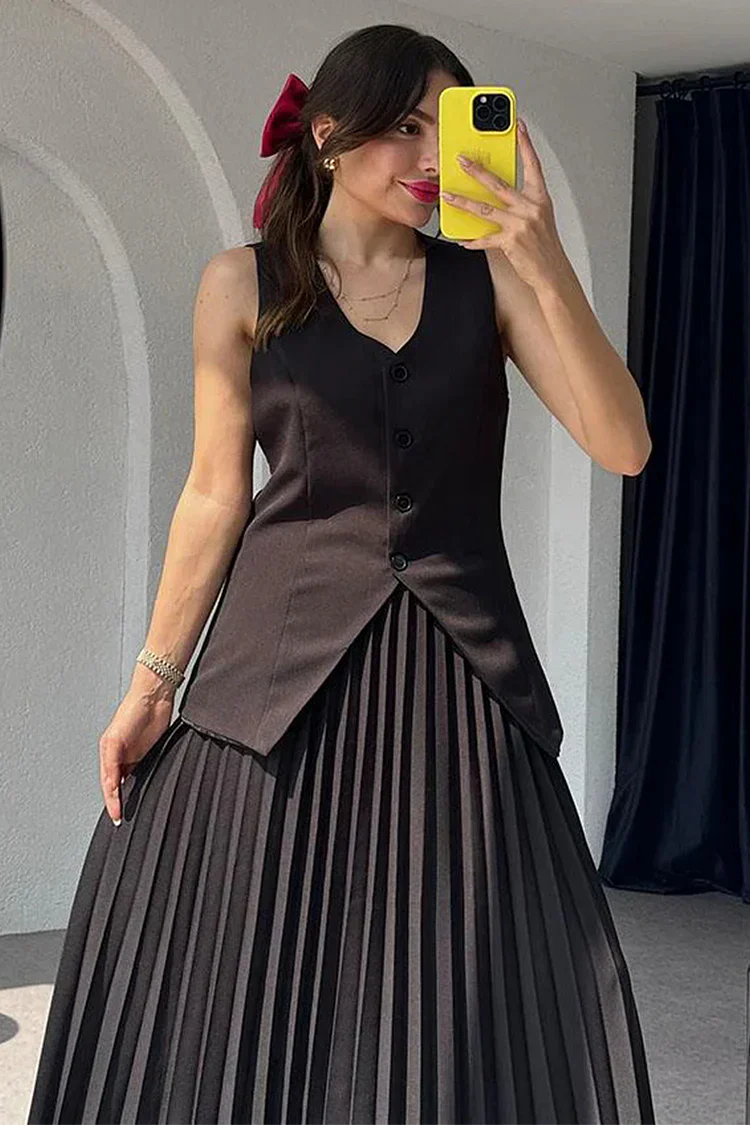 Pleated Maxi Skirt Two-Piece Set – V-Neck Vest Asymmetric Hem