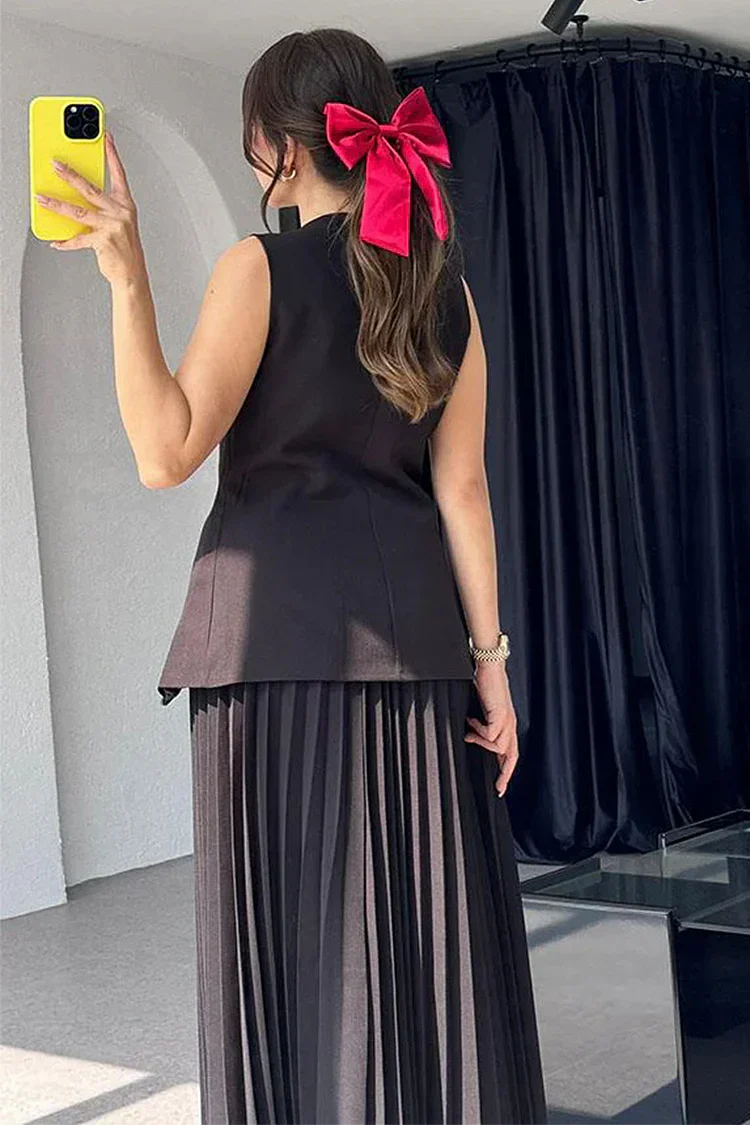 Pleated Maxi Skirt Two-Piece Set – V-Neck Vest Asymmetric Hem