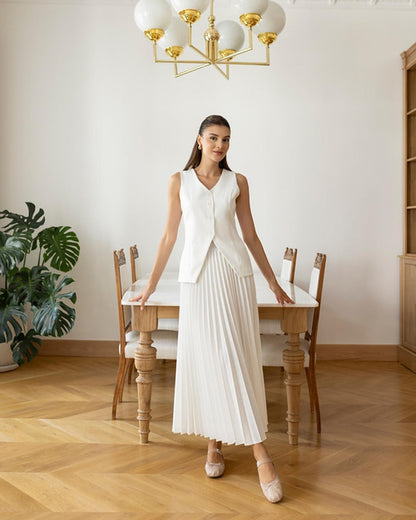 Pleated Maxi Skirt Two-Piece Set – V-Neck Vest Asymmetric Hem