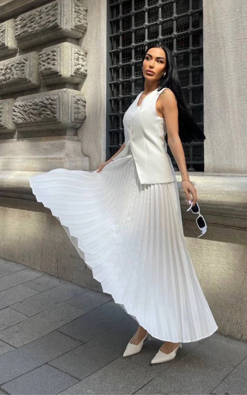 Pleated Maxi Skirt Two-Piece Set – V-Neck Vest Asymmetric Hem