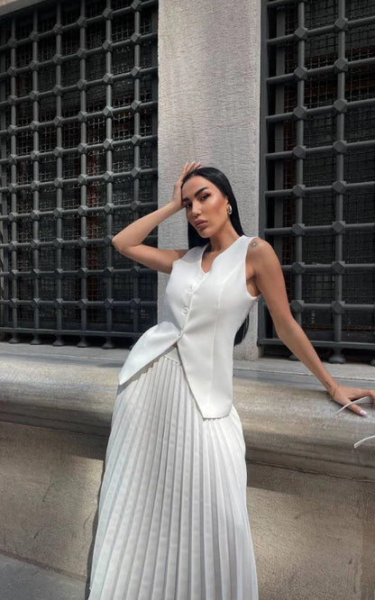 Pleated Maxi Skirt Two-Piece Set – V-Neck Vest Asymmetric Hem