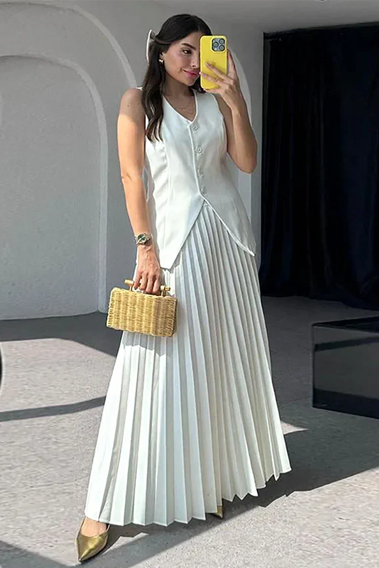 Pleated Maxi Skirt Two-Piece Set – V-Neck Vest Asymmetric Hem