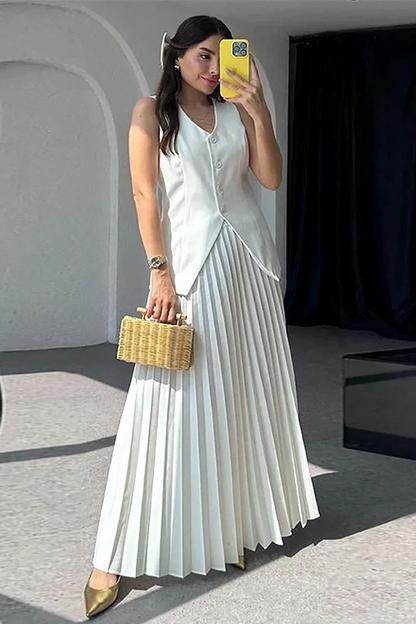 Pleated Maxi Skirt Two-Piece Set – V-Neck Vest Asymmetric Hem