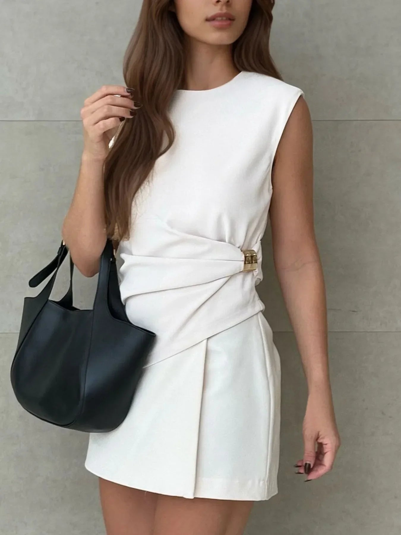 Sleeveless Top and Mini Skirt Two Piece Set – Ruched Gold Clip White