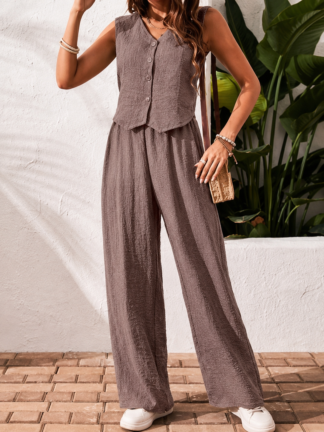 Button-Front Vest Wide-Leg Pants Set – Textured Two-Piece Matching Set