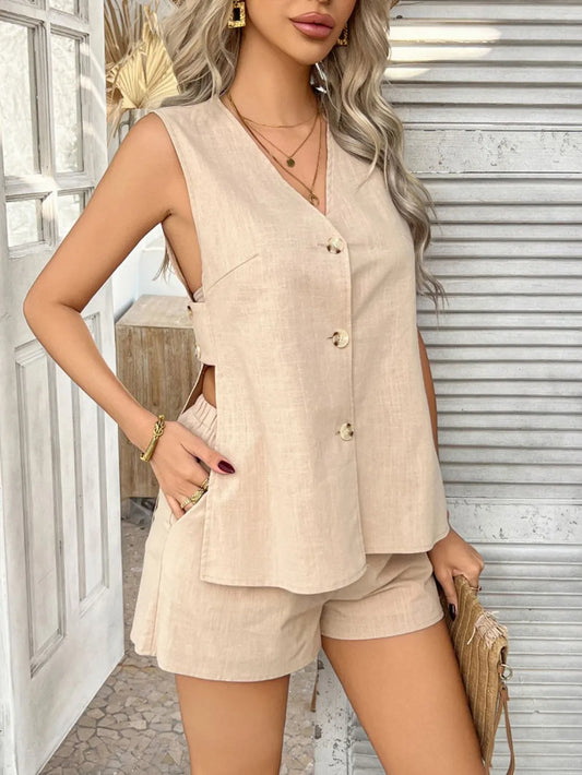 Linen Two-Piece Short Set – V-Neck Button-Front Top Open Back