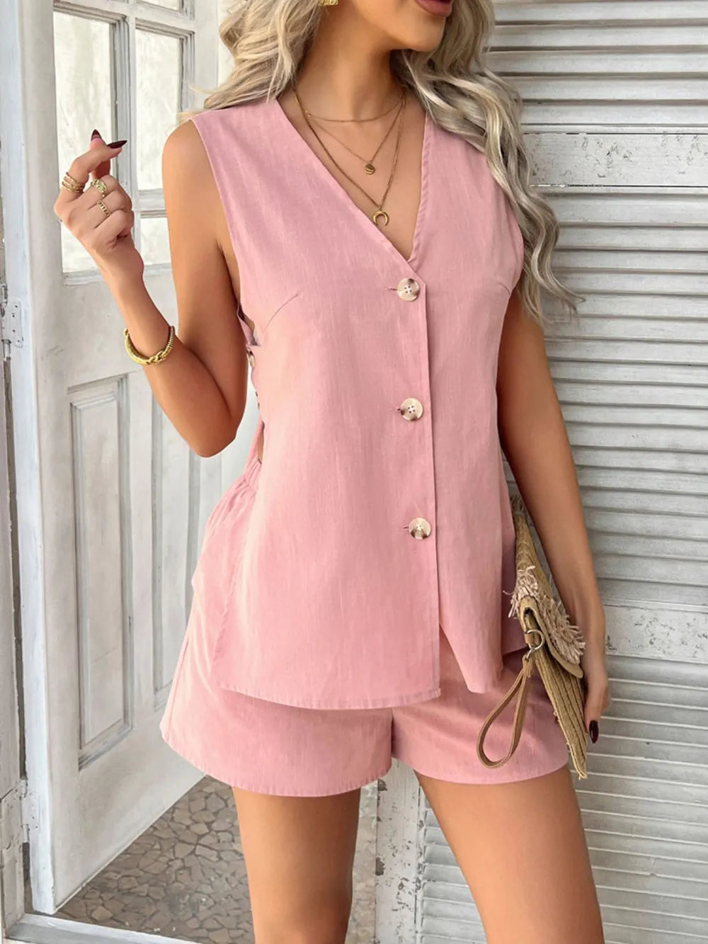 Linen Two-Piece Short Set – V-Neck Button-Front Top Open Back