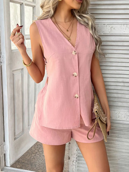 Linen Two-Piece Short Set – V-Neck Button-Front Top Open Back