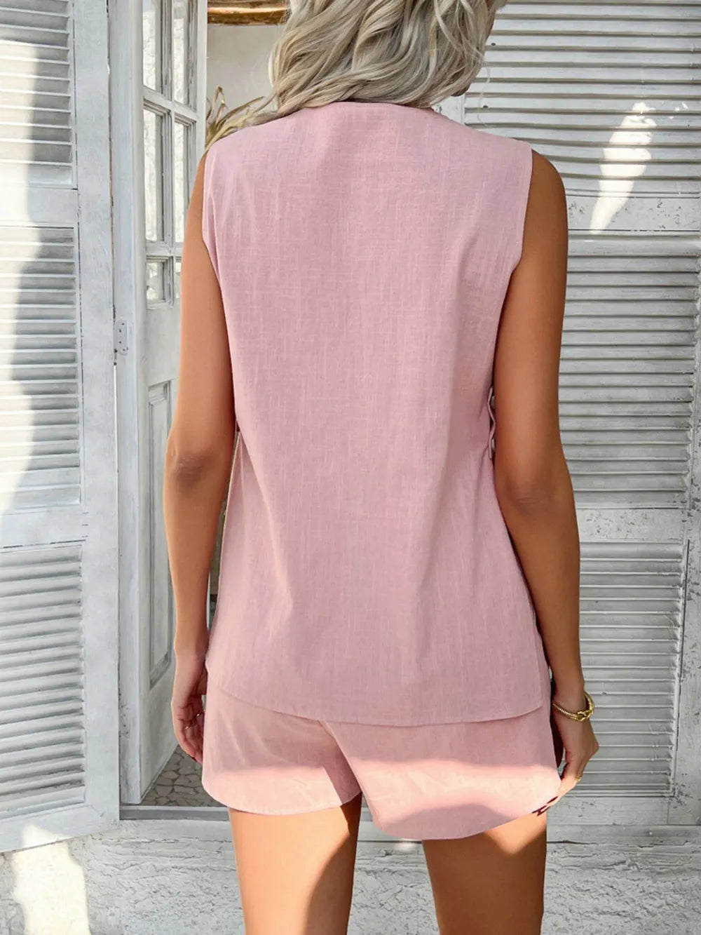 Linen Two-Piece Short Set – V-Neck Button-Front Top Open Back
