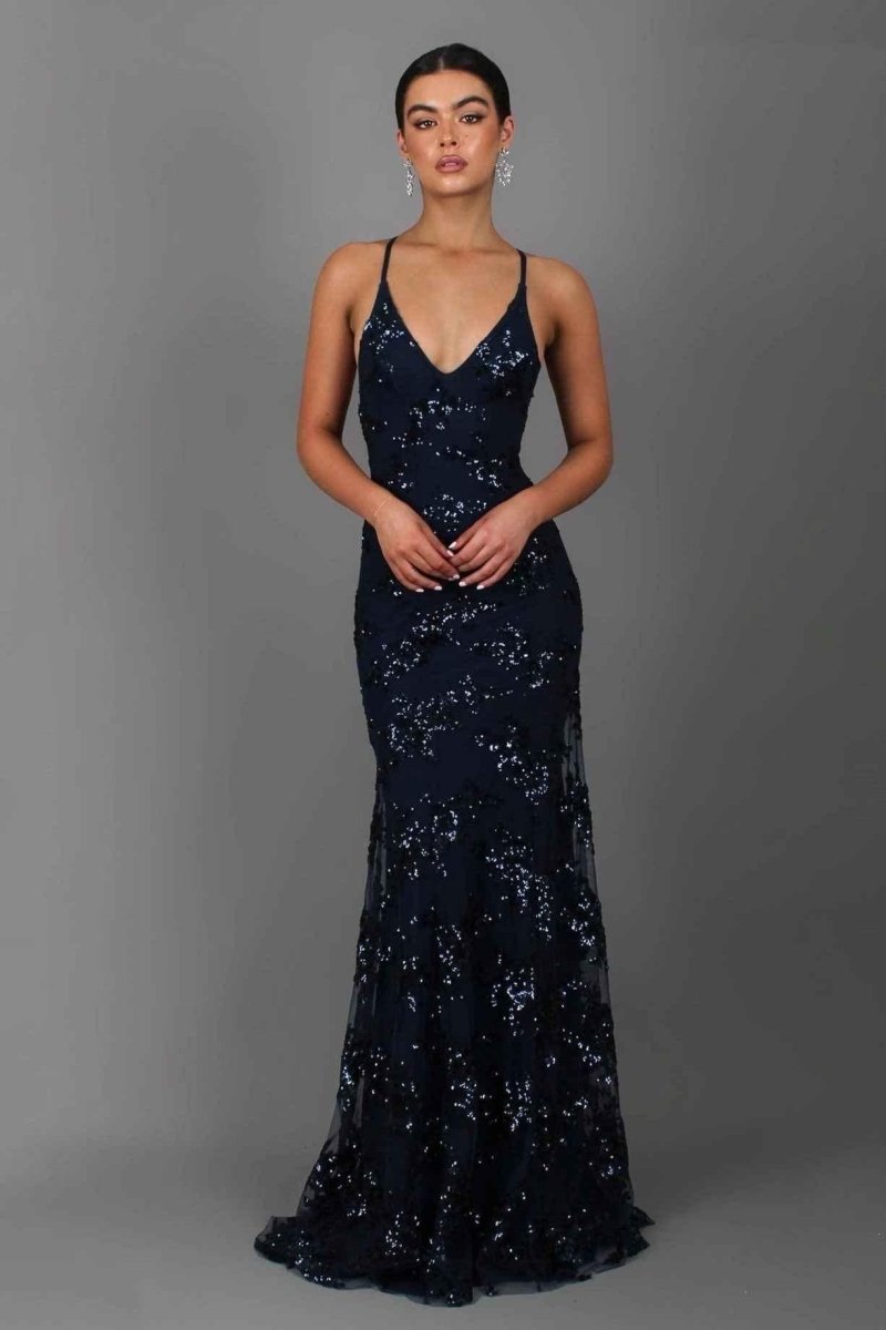 Sequin Mermaid Maxi Dress – V-Neck Spaghetti Strap Lace-Up Back