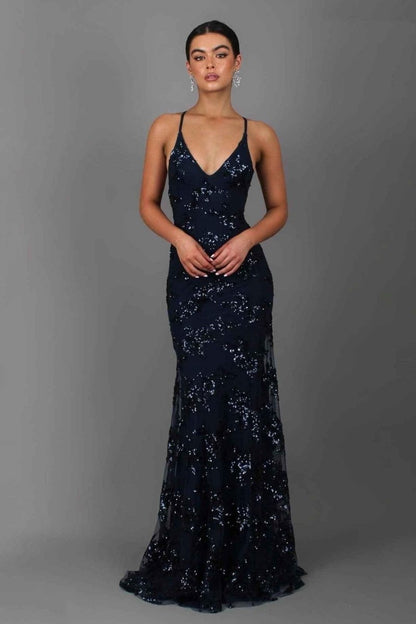 Sequin Mermaid Maxi Dress – V-Neck Spaghetti Strap Lace-Up Back