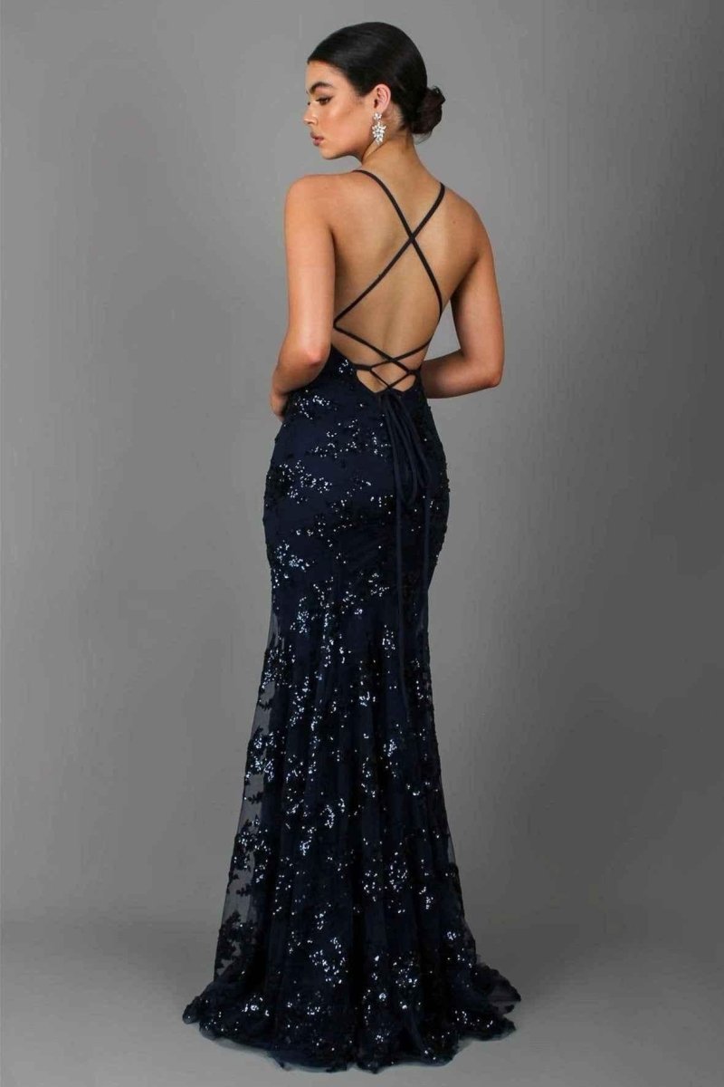 Sequin Mermaid Maxi Dress – V-Neck Spaghetti Strap Lace-Up Back