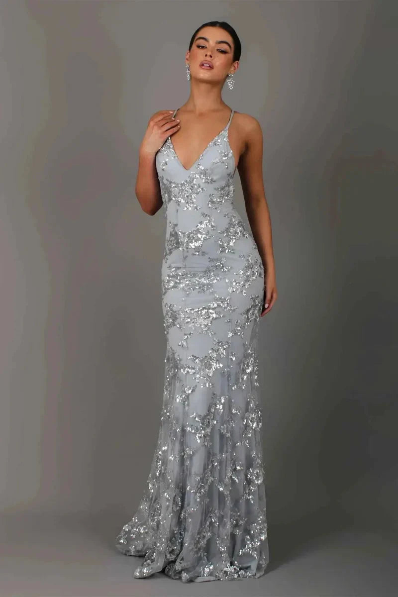 Sequin Mermaid Maxi Dress – V-Neck Spaghetti Strap Lace-Up Back