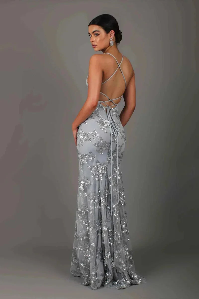 Sequin Mermaid Maxi Dress – V-Neck Spaghetti Strap Lace-Up Back