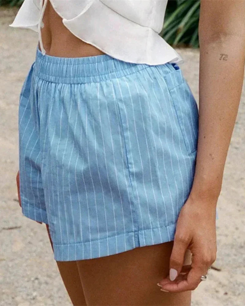 Striped High-Waist Shorts – Wide Leg Elastic Waist Summer Shorts