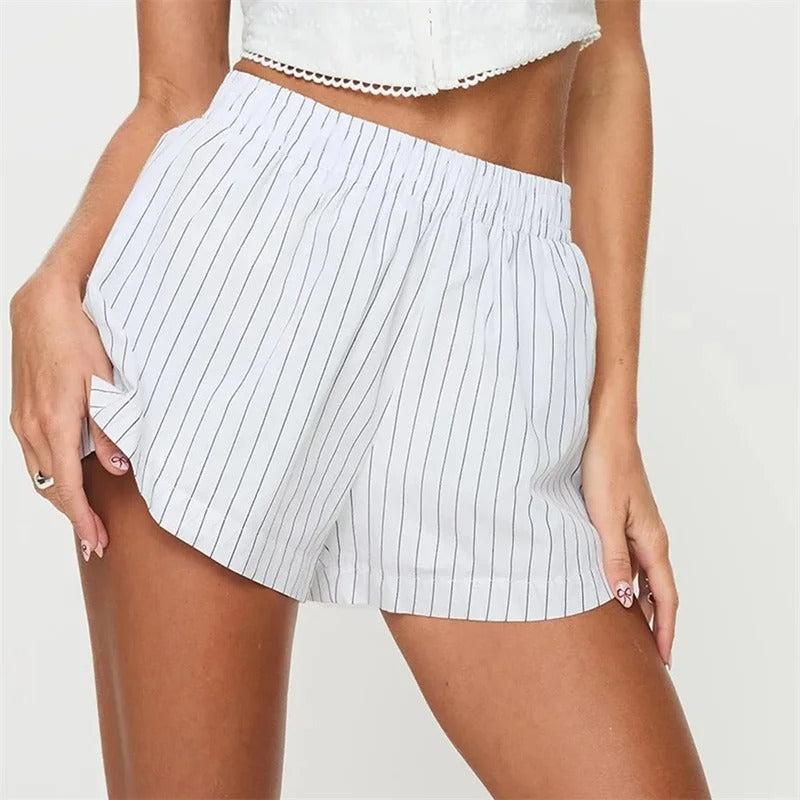 Striped High-Waist Shorts – Wide Leg Elastic Waist Summer Shorts