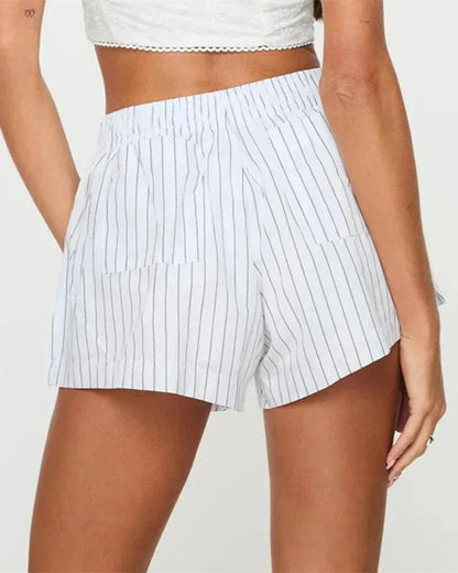 Striped High-Waist Shorts – Wide Leg Elastic Waist Summer Shorts