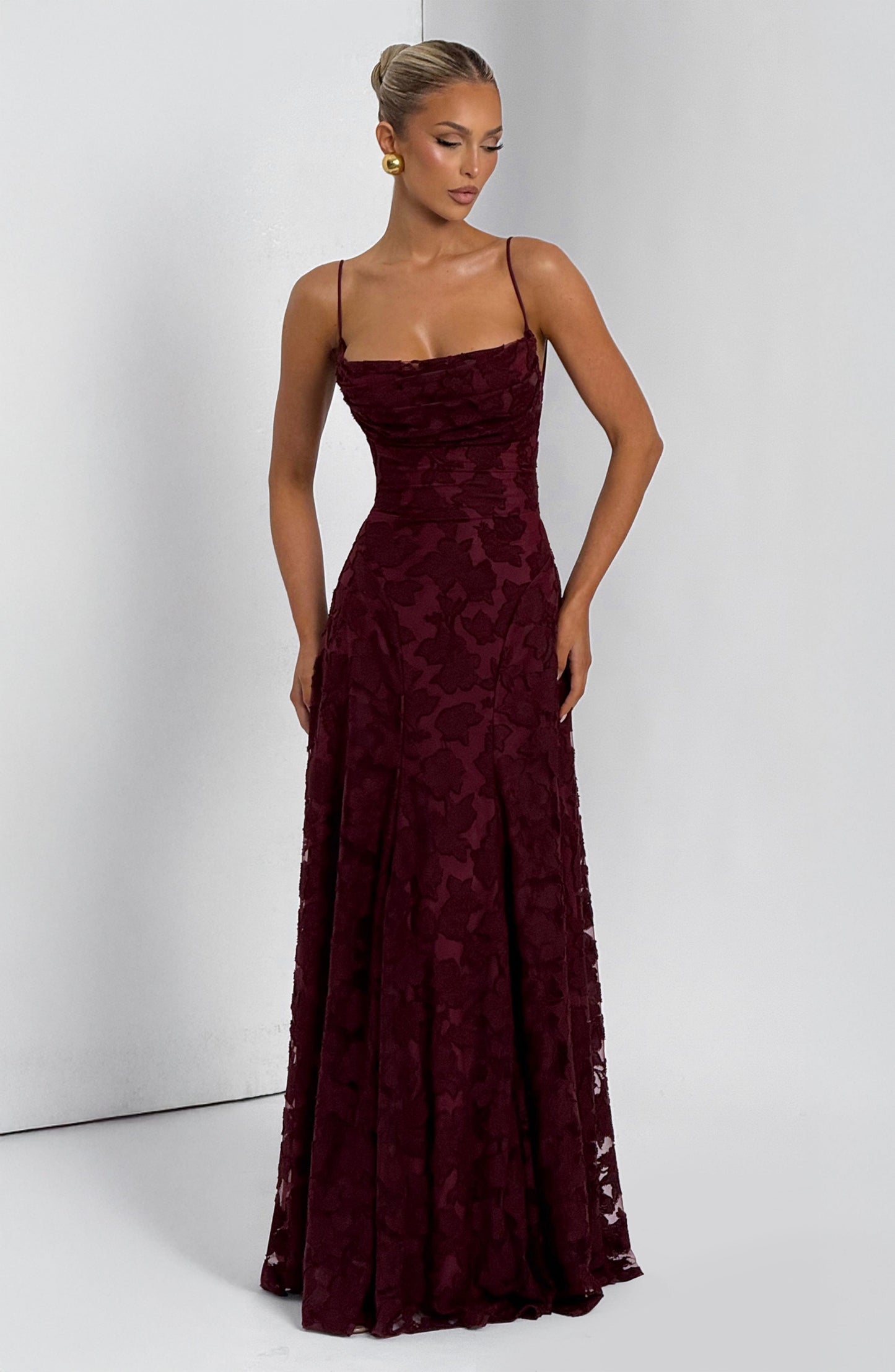Floral Lace Maxi Dress – A-Line Spaghetti Strap Open Back Gown